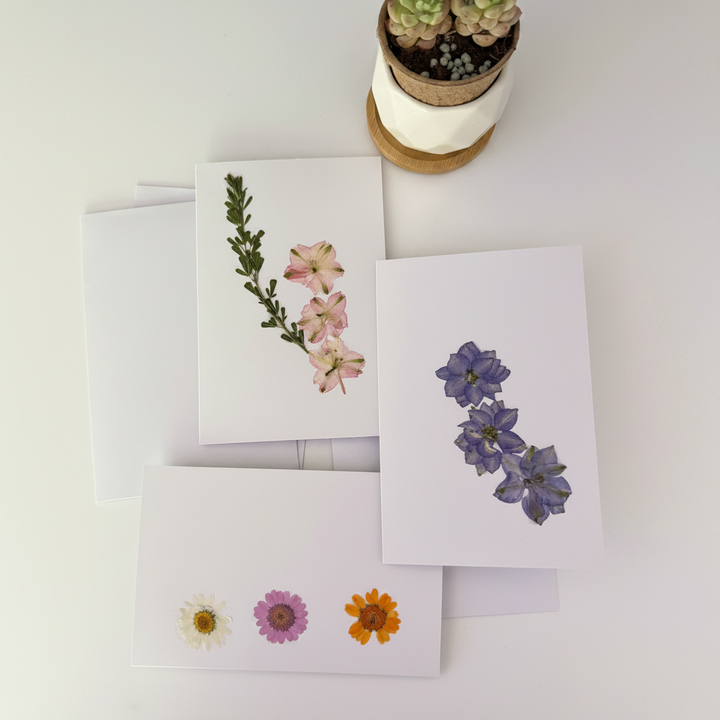 Pressed Flower Botanical Note Cards, Handmade Floral Greeting Card Set (3 Cards)
